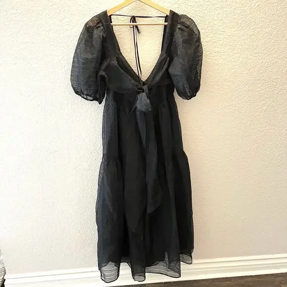 NWT Free People Hailey Puff Sleeve Sheer Midi Dress Black Size 12 $168 Romantic - Picture 5 of 11